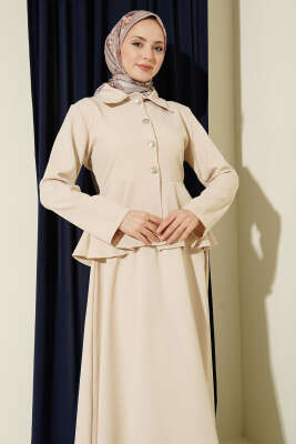 Düğmeli Volan Bluzlu Etekli İkili Takım Bej - İkili Takım