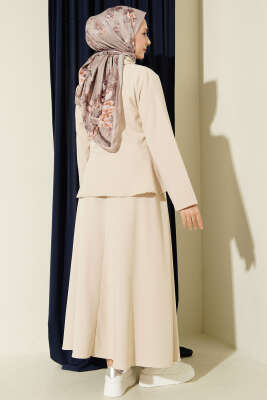 Düğmeli Volan Bluzlu Etekli İkili Takım Bej - İkili Takım