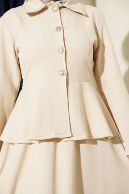 Düğmeli Volan Bluzlu Etekli İkili Takım Bej - İkili Takım