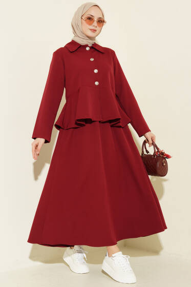 Düğmeli Volan Bluzlu Etekli İkili Takım Bordo - İkili Takım