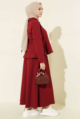 Düğmeli Volan Bluzlu Etekli İkili Takım Bordo - İkili Takım