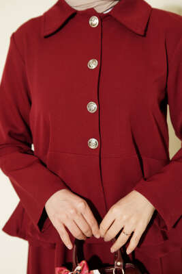 Düğmeli Volan Bluzlu Etekli İkili Takım Bordo - İkili Takım