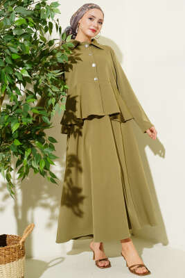 Düğmeli Volan Bluzlu Etekli İkili Takım Çağla Yeşili 