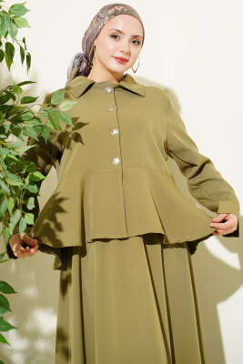 Düğmeli Volan Bluzlu Etekli İkili Takım Çağla Yeşili - İkili Takım