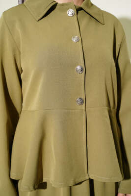 Düğmeli Volan Bluzlu Etekli İkili Takım Çağla Yeşili - İkili Takım