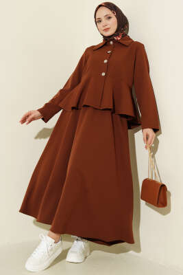 Düğmeli Volan Bluzlu Etekli İkili Takım Kahve - TEGOE