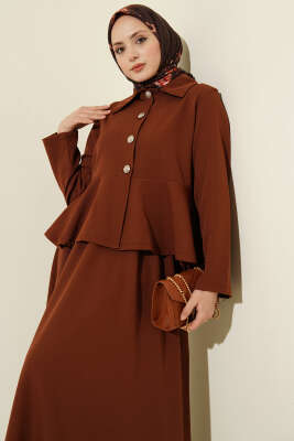 Düğmeli Volan Bluzlu Etekli İkili Takım Kahve - İkili Takım