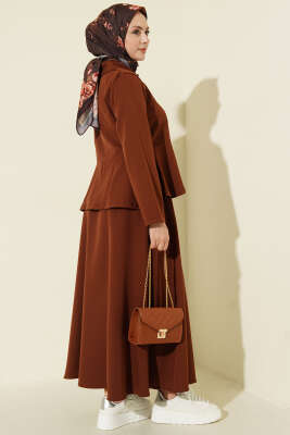 Düğmeli Volan Bluzlu Etekli İkili Takım Kahve - İkili Takım