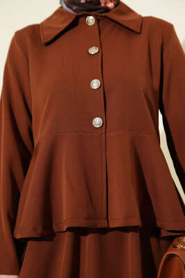 Düğmeli Volan Bluzlu Etekli İkili Takım Kahve - İkili Takım