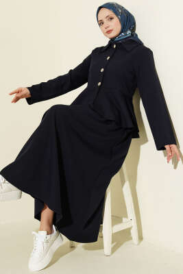 Düğmeli Volan Bluzlu Etekli İkili Takım Lacivert - TEGOE