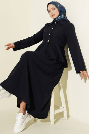 Düğmeli Volan Bluzlu Etekli İkili Takım Lacivert - İkili Takım