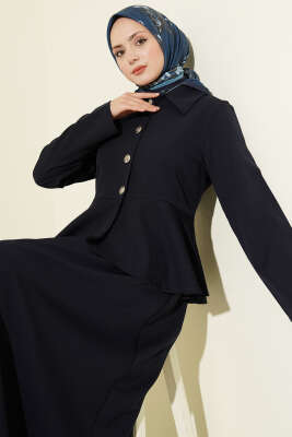 Düğmeli Volan Bluzlu Etekli İkili Takım Lacivert - İkili Takım