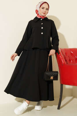 Düğmeli Volan Bluzlu Etekli İkili Takım Siyah - TEGOE