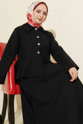 Düğmeli Volan Bluzlu Etekli İkili Takım Siyah - İkili Takım