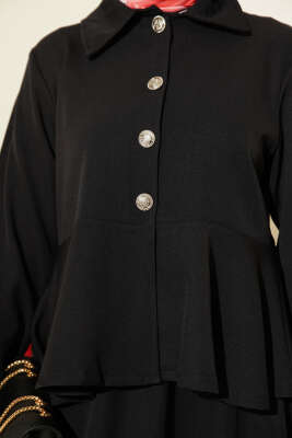 Düğmeli Volan Bluzlu Etekli İkili Takım Siyah - İkili Takım