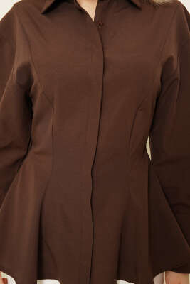 Düğmeli Volanlı Gömlek Kahve - Kadın Giyim Modelleri