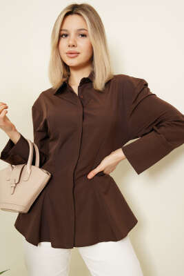 Düğmeli Volanlı Gömlek Kahve - Kadın Giyim Modelleri