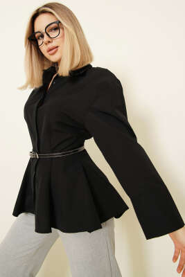 Düğmeli Volanlı Gömlek Siyah - LUSTRİN