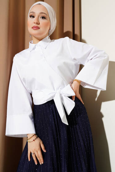 Düğmeli Yan Bağlamalı Kısa Gömlek Beyaz - Gömlek