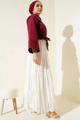 Düğmeli Yan Bağlamalı Kısa Gömlek Bordo - 300-500 TL Ürünler