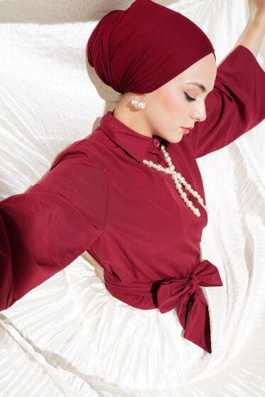 Düğmeli Yan Bağlamalı Kısa Gömlek Bordo - Gömlek