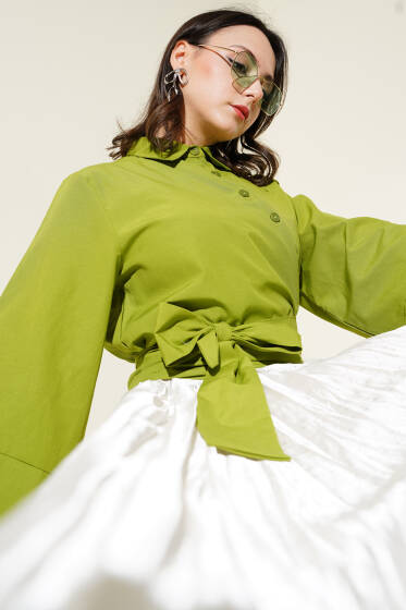 Düğmeli Yan Bağlamalı Kısa Gömlek Fıstık Yeşili - Gömlek