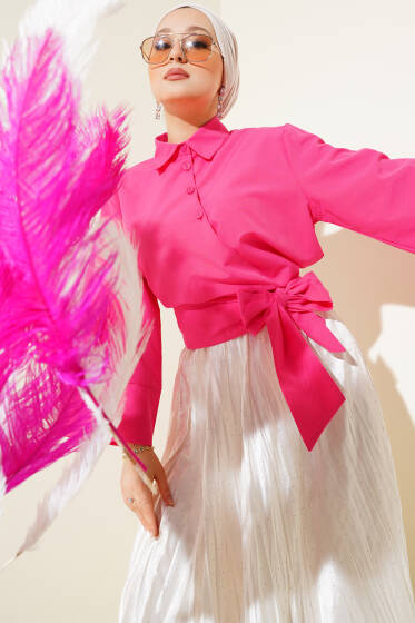 Düğmeli Yan Bağlamalı Kısa Gömlek Fuşya - Gömlek