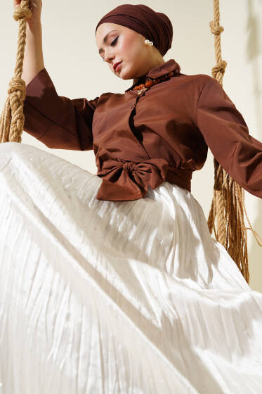 Düğmeli Yan Bağlamalı Kısa Gömlek Kahve - Gömlek