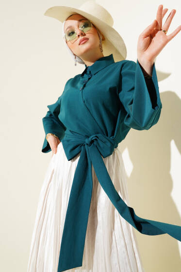 Düğmeli Yan Bağlamalı Kısa Gömlek Petrol - Gömlek