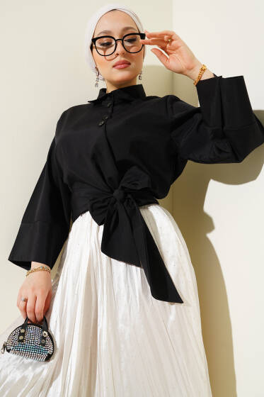 Düğmeli Yan Bağlamalı Kısa Gömlek Siyah - Gömlek