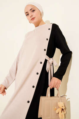 Düğmeli Yandan Bağlamalı Bisiklet Yaka Elbise Bej - Elbise