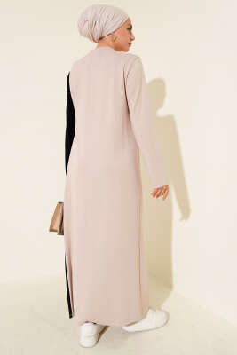 Düğmeli Yandan Bağlamalı Bisiklet Yaka Elbise Bej - Elbise