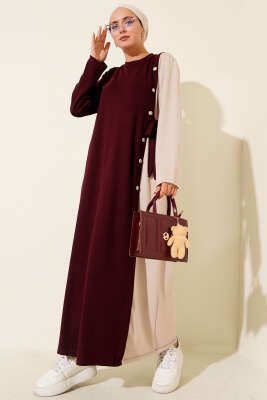 Düğmeli Yandan Bağlamalı Bisiklet Yaka Elbise Bordo - HBS