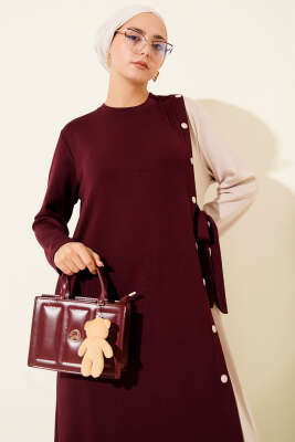 Düğmeli Yandan Bağlamalı Bisiklet Yaka Elbise Bordo - Elbise