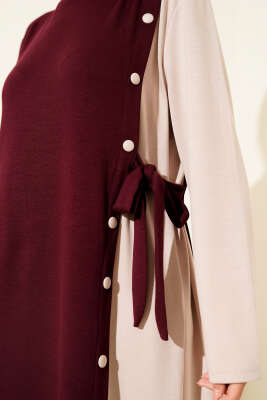 Düğmeli Yandan Bağlamalı Bisiklet Yaka Elbise Bordo - Elbise