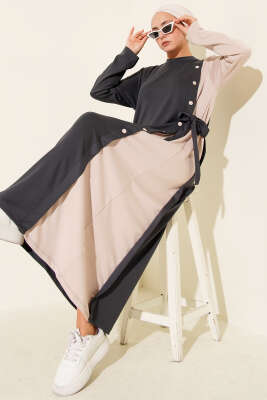 Düğmeli Yandan Bağlamalı Bisiklet Yaka Elbise Füme - HBS