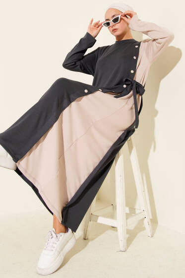 Düğmeli Yandan Bağlamalı Bisiklet Yaka Elbise Füme - Elbise