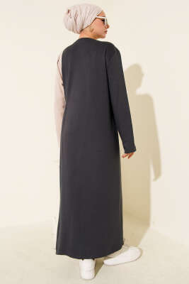 Düğmeli Yandan Bağlamalı Bisiklet Yaka Elbise Füme - Elbise