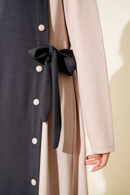 Düğmeli Yandan Bağlamalı Bisiklet Yaka Elbise Füme - Elbise