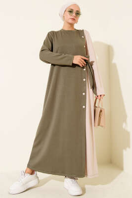 Düğmeli Yandan Bağlamalı Bisiklet Yaka Elbise Haki - HBS