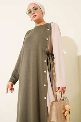 Düğmeli Yandan Bağlamalı Bisiklet Yaka Elbise Haki - Elbise