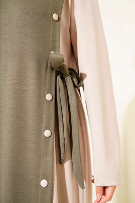 Düğmeli Yandan Bağlamalı Bisiklet Yaka Elbise Haki - Elbise