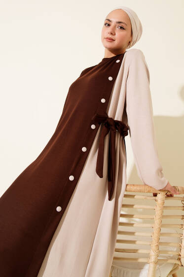Düğmeli Yandan Bağlamalı Bisiklet Yaka Elbise Kahve - Elbise