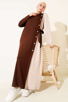 Düğmeli Yandan Bağlamalı Bisiklet Yaka Elbise Kahve - Elbise