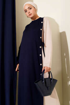 Düğmeli Yandan Bağlamalı Bisiklet Yaka Elbise Lacivert - Elbise