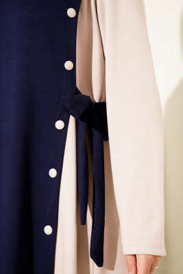 Düğmeli Yandan Bağlamalı Bisiklet Yaka Elbise Lacivert - Elbise