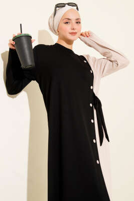 Düğmeli Yandan Bağlamalı Bisiklet Yaka Elbise Siyah - Elbise