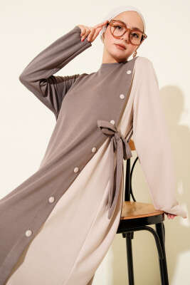 Düğmeli Yandan Bağlamalı Bisiklet Yaka Elbise Vizon 