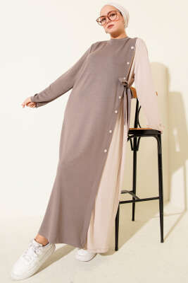 Düğmeli Yandan Bağlamalı Bisiklet Yaka Elbise Vizon - Elbise