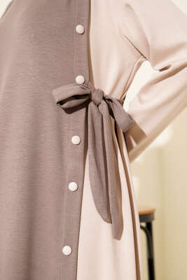 Düğmeli Yandan Bağlamalı Bisiklet Yaka Elbise Vizon - Elbise